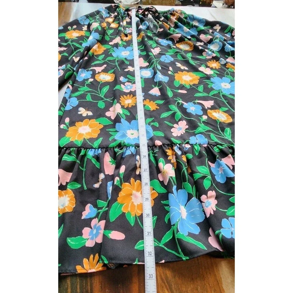 Kate Spade Black Floral Puff Sleeve Tunic Blouse Round Neck Size S (726)